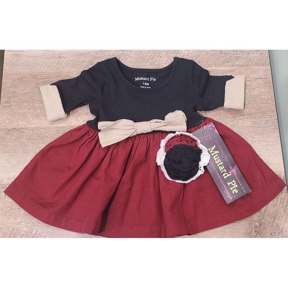 Mustard Pie 12 Month Dress With Bow Clip Black Red/Maroon